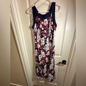 Perceptions NY | Sleeveless Floral Navy Coral &White Textured Maxi Dress L